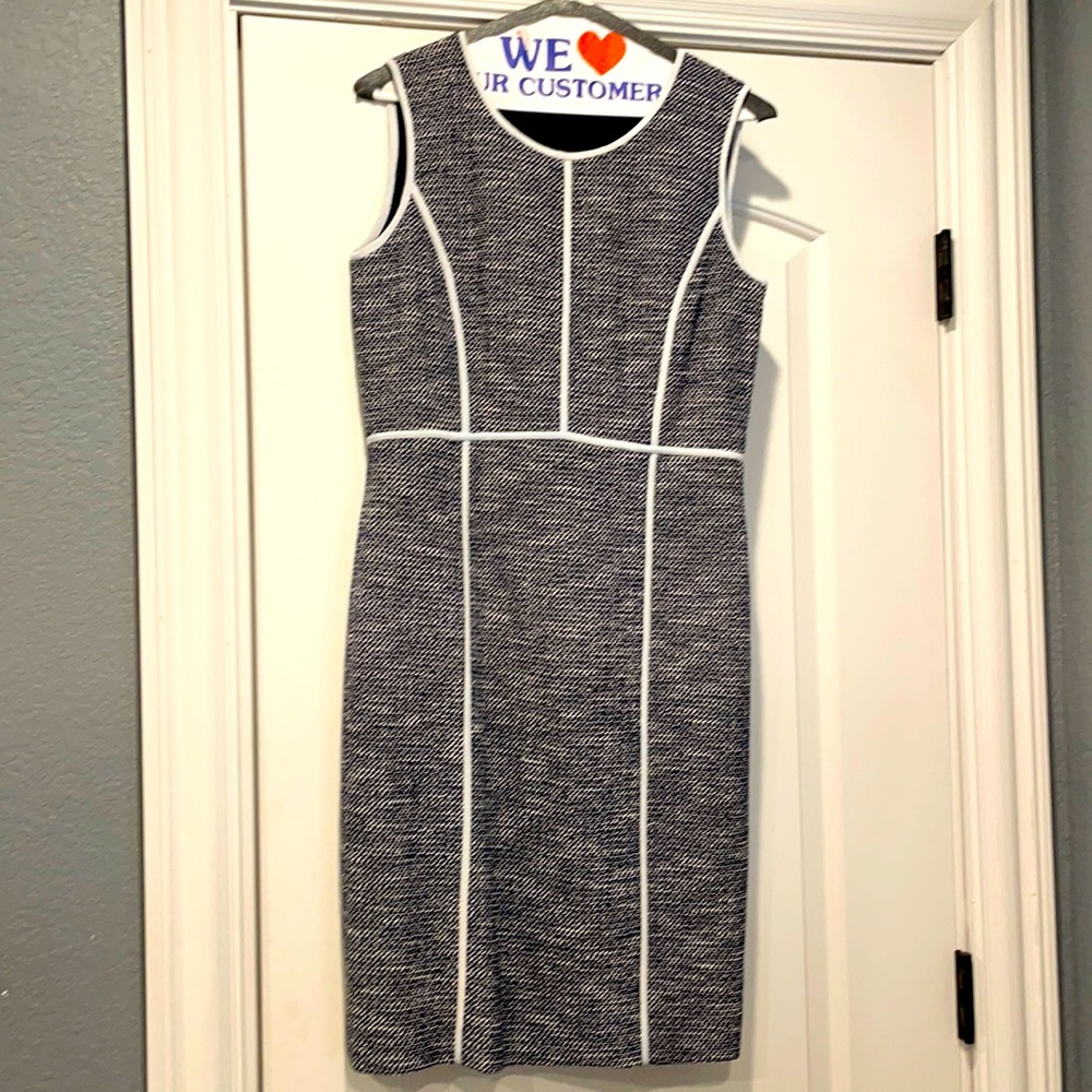 Lafayette navy blue and white sleeveless dress with matching jacket.